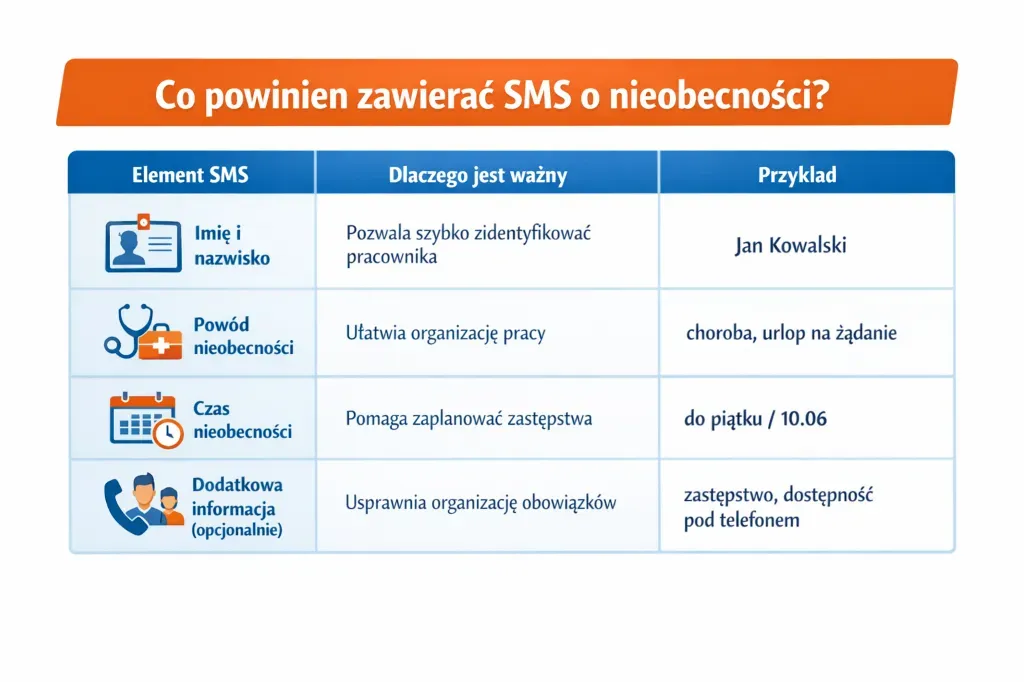 co powinien zawierać SMS o nieobecności w pracy