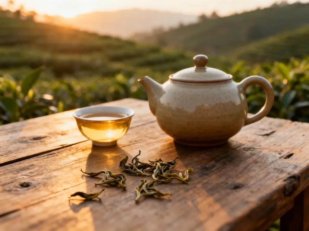 Złocisty napar herbaty oolong w ceramicznym czajniczku i filiżance na drewnianym stole, obok rozsypane suszone liście.