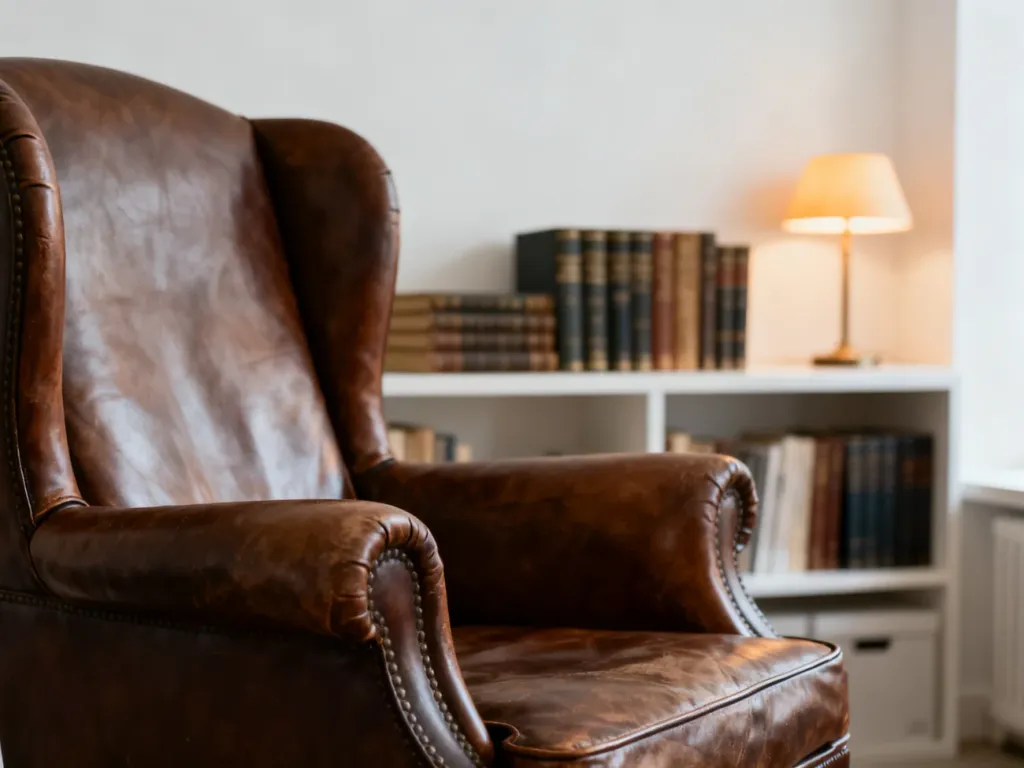 Elegancki skórzany fotel w minimalistycznym gabinecie z biblioteczką, symbolizujący klasyczny, ponadczasowy styl.