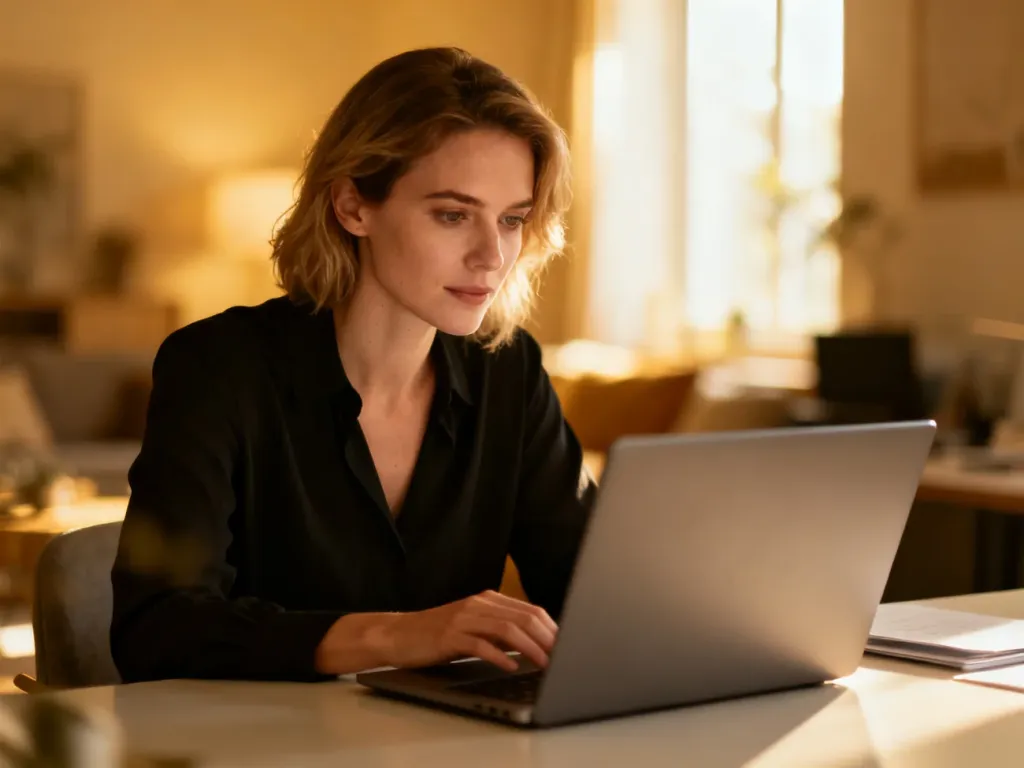 Kobieta skupiona na pracy przy laptopie w domowym biurze, ilustrująca proces logowania do systemu Librus.
