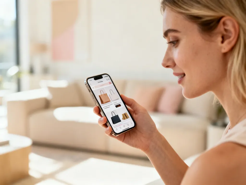 Stylowa kobieta robiąca zakupy online na smartfonie w nowoczesnym, jasnym salonie.
