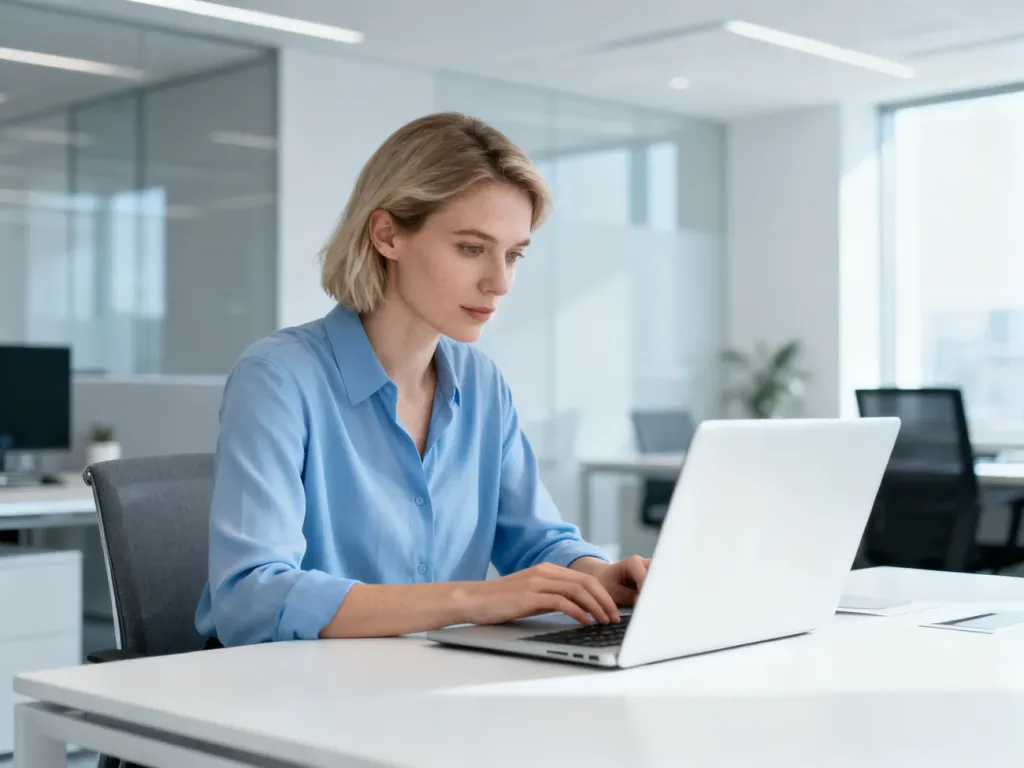 Kobieta pracująca przy laptopie w nowoczesnym biurze, skupiona na obsłudze systemu w jasnym, profesjonalnym wnętrzu.