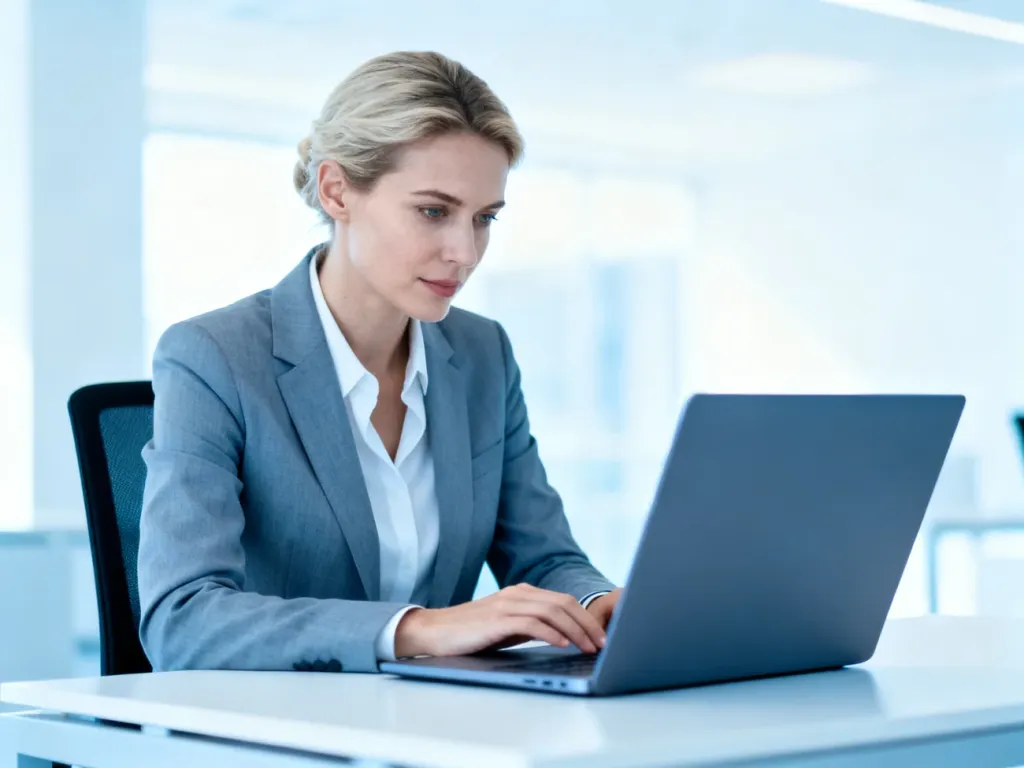 Kobieta pracująca przy laptopie w nowoczesnym biurze, skupiona na obsłudze aplikacji w profesjonalnym środowisku.