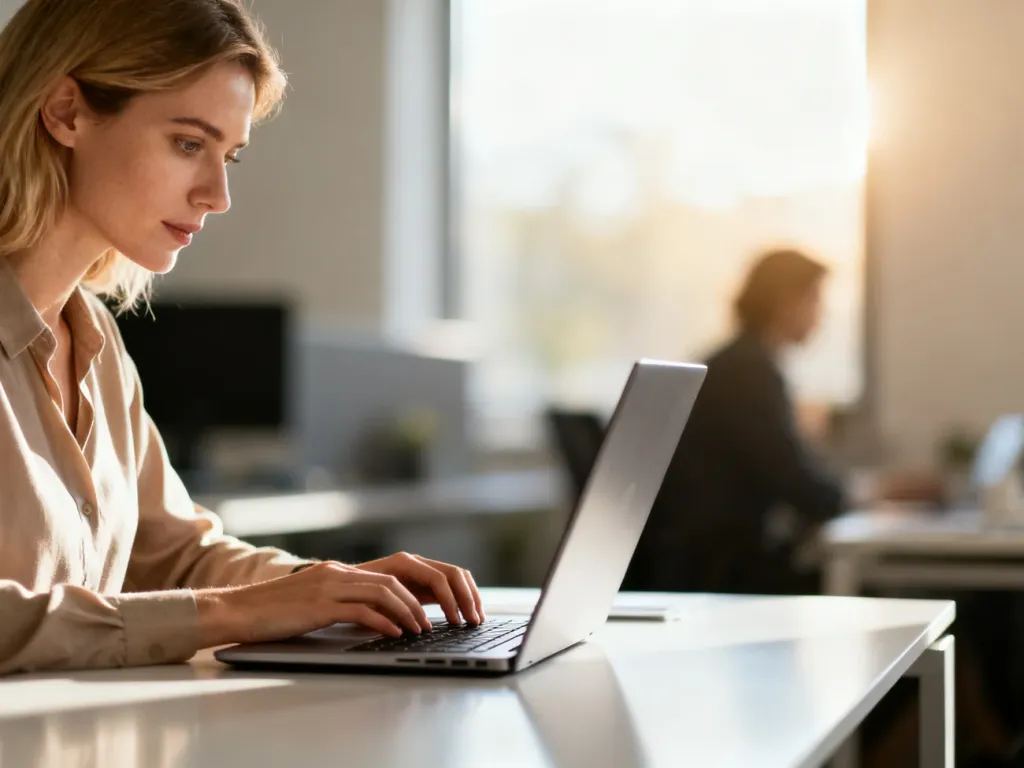 Kobieta pracująca przy laptopie w nowoczesnym biurze, symbolizująca łatwy dostęp do panelu klienta Versum.