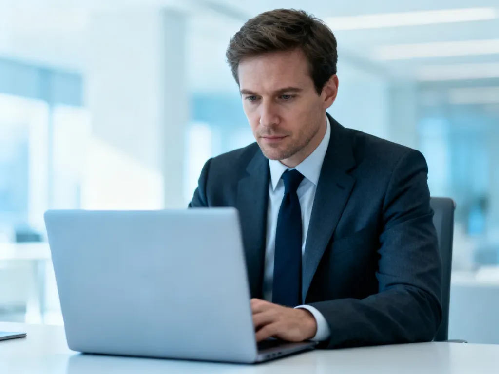 Profesjonalista pracujący przy laptopie w nowoczesnym biurze, symbolizujący obsługę systemów cyfrowych.