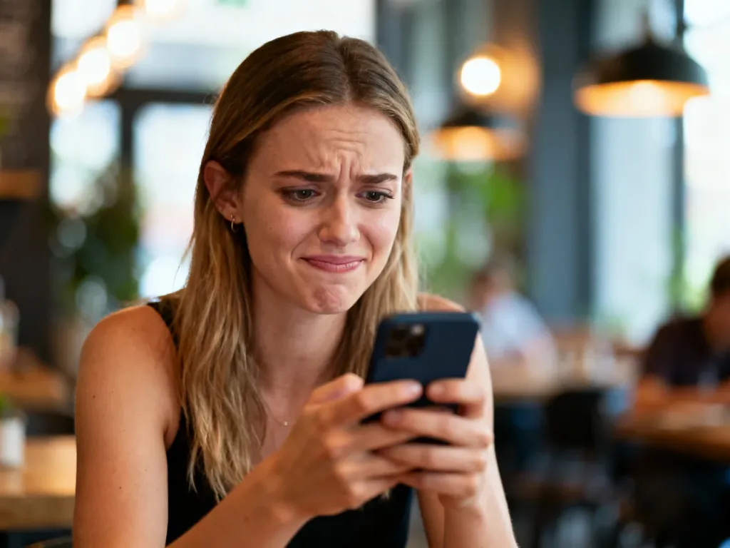 Młoda kobieta z zażenowaną miną patrzy na smartfon, co ilustruje uczucie zażenowania i krindżu.