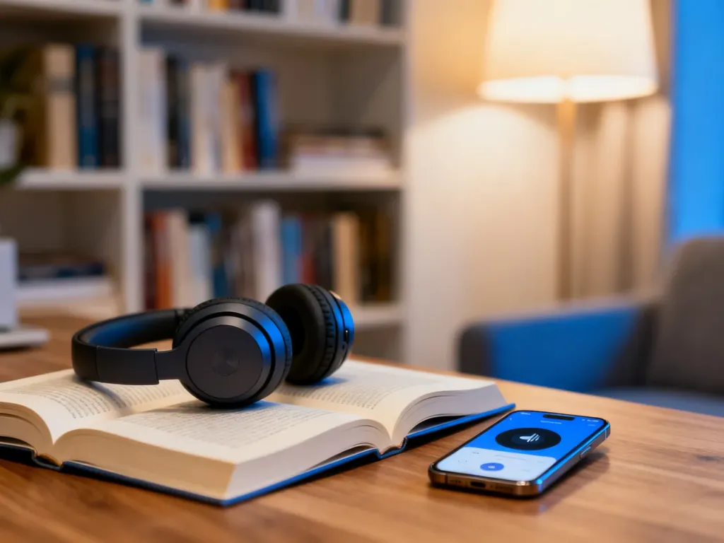 Słuchawki bezprzewodowe leżące na otwartej książce obok smartfona z aplikacją do słuchania audiobooków w przytulnym gabinecie.