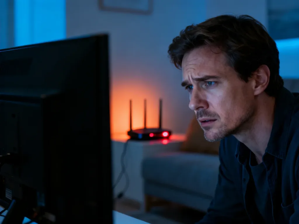 Zirytowany mężczyzna przed czarnym ekranem telewizora i router z migającymi na czerwono diodami, sygnalizujący brak połączenia.