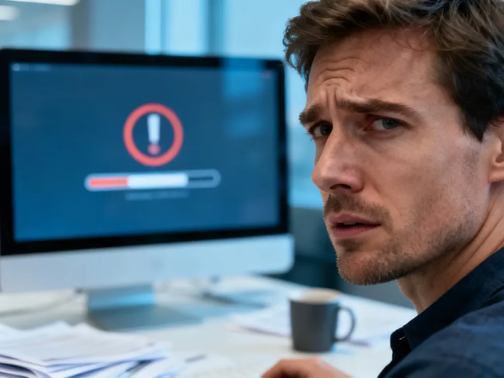Zirytowany mężczyzna przed monitorem z błędem ładowania, ilustrujący problemy z instalacją oprogramowania.