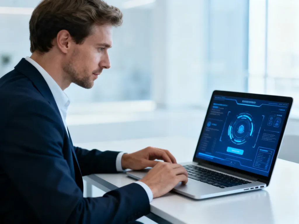 Mężczyzna przy biurku korzystający z laptopa, logujący się do systemu cyfrowego w nowoczesnym biurze.