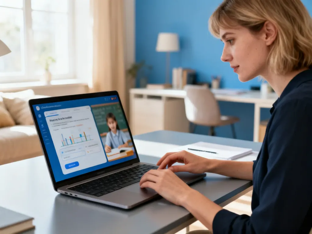 Kobieta pracująca przy laptopie w jasnym, domowym biurze, korzystająca z platformy edukacyjnej Tutlo.
