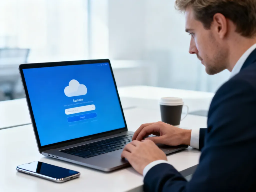 Mężczyzna pracujący przy laptopie w nowoczesnym biurze, logujący się do konta w chmurze Microsoft 365.