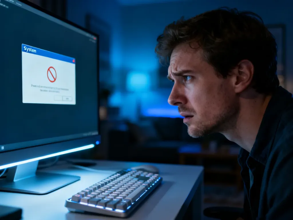 Zirytowany mężczyzna przed monitorem z błędem systemowym, ilustrujący problem z brakującym plikiem DLL.