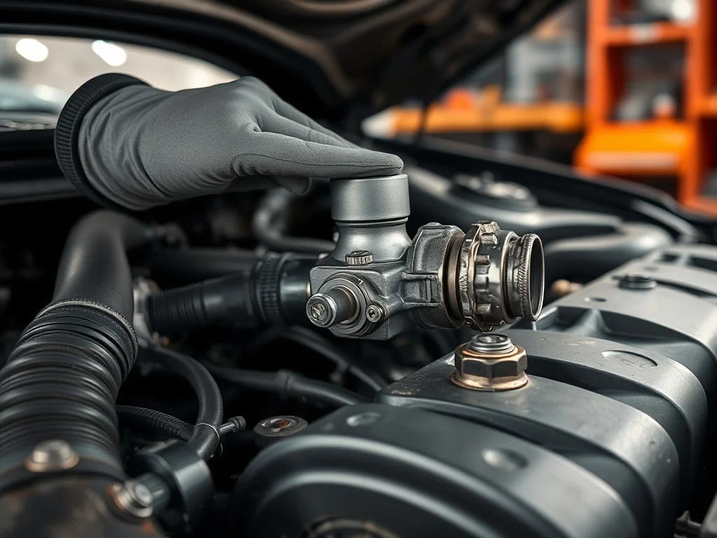 Mechanik w rękawicy wskazuje zawór EGR w komorze silnika, ilustrując miejsce i wygląd potencjalnej usterki.