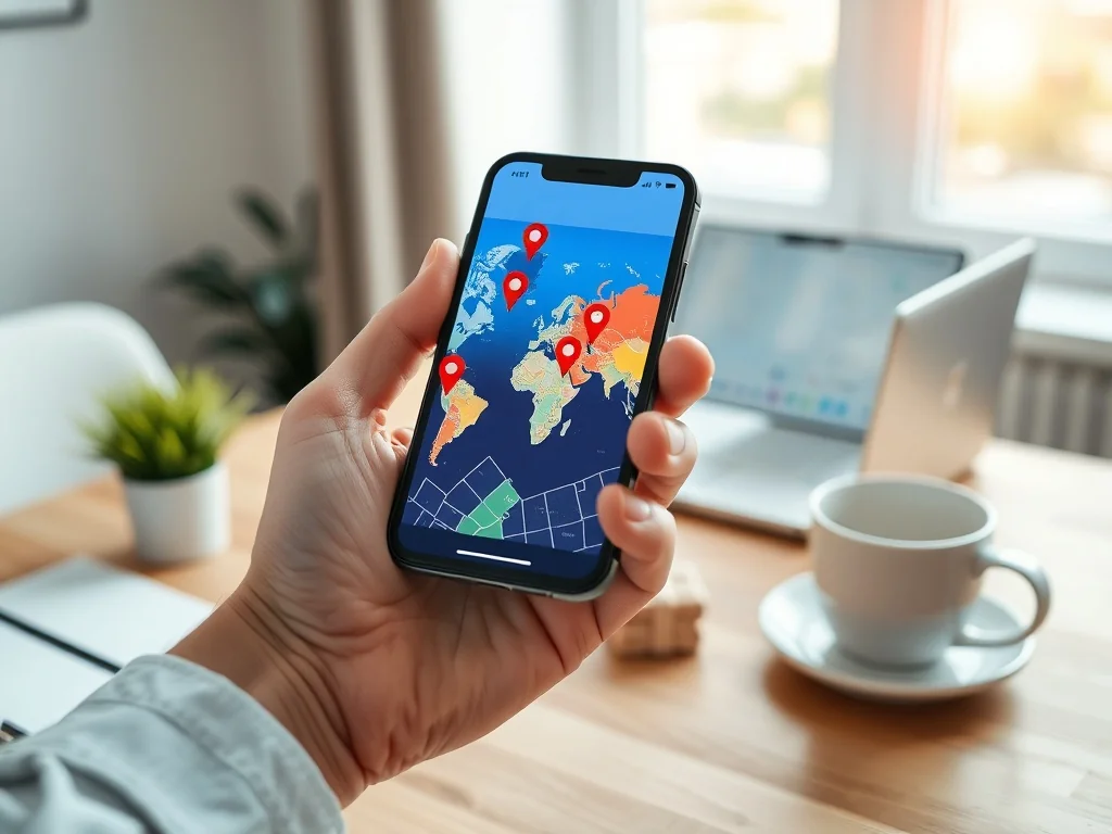 Smartfon z widokiem mapy Google z pinezkami lokalnych firm na biurku w domowym biurze, obok kawa i roślina.