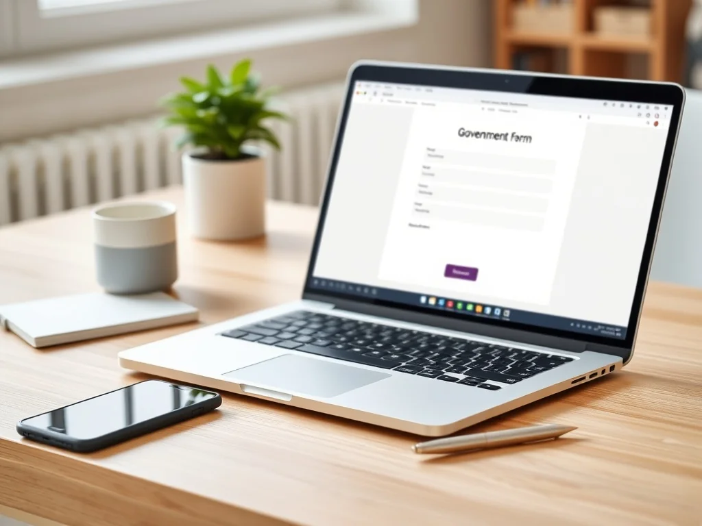 Laptop z formularzem online, smartfon z potwierdzeniem i notes na biurku, symbolizujące zakładanie firmy przez internet.