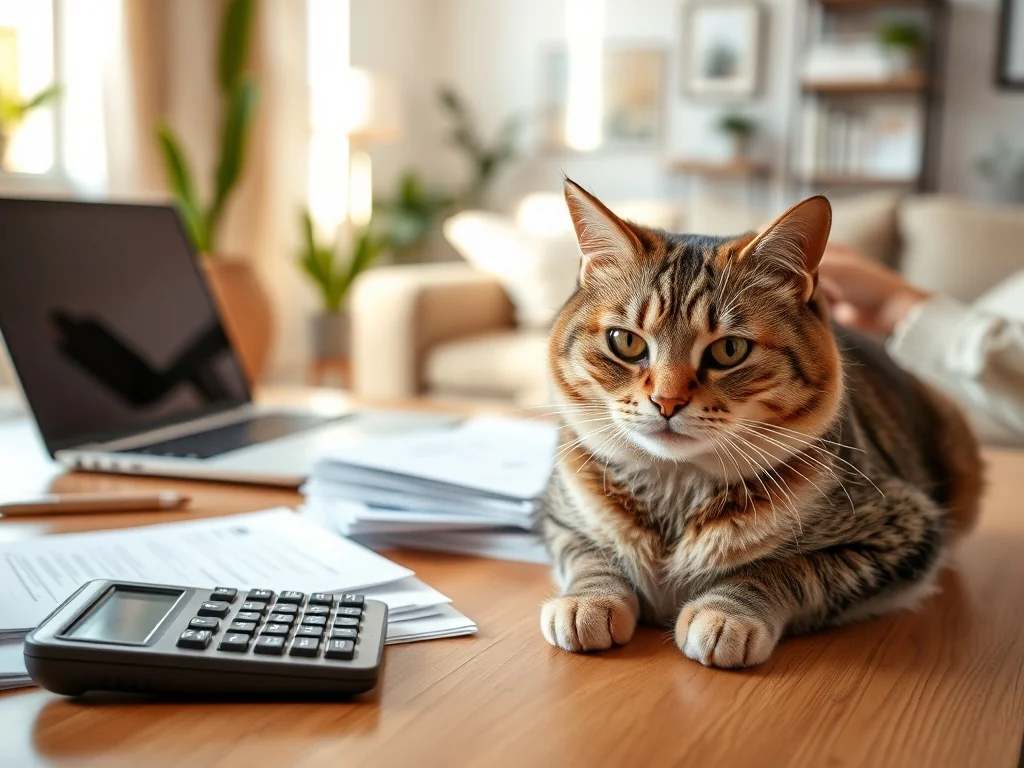 Spokojny kot na biurku obok dokumentów i kalkulatora, symboliczne planowanie finansów na hodowlę kotów