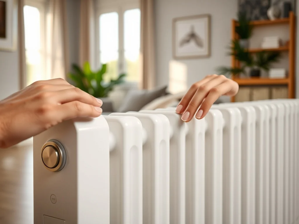 Dłoń dotyka zimnego grzejnika z nisko ustawionym termostatem w przytulnym salonie, symbol problemów z ogrzewaniem.