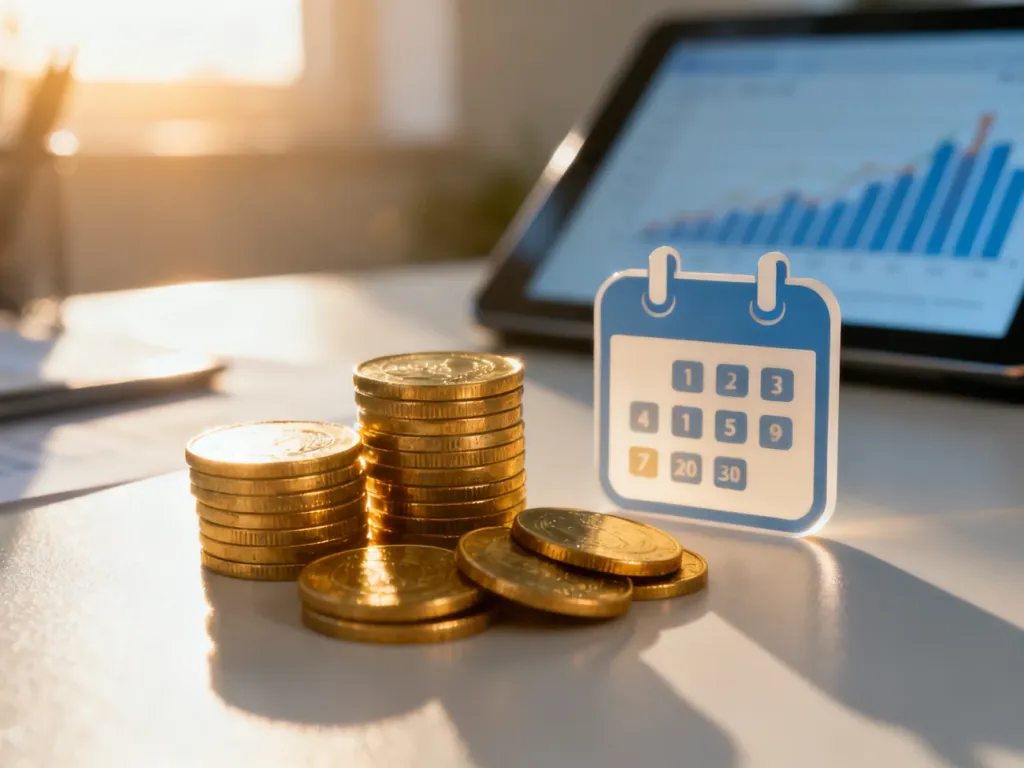 Stos monet i ikona kalendarza na biurku, symbolizujące planowanie finansów i wypłatę dodatkowego świadczenia.
