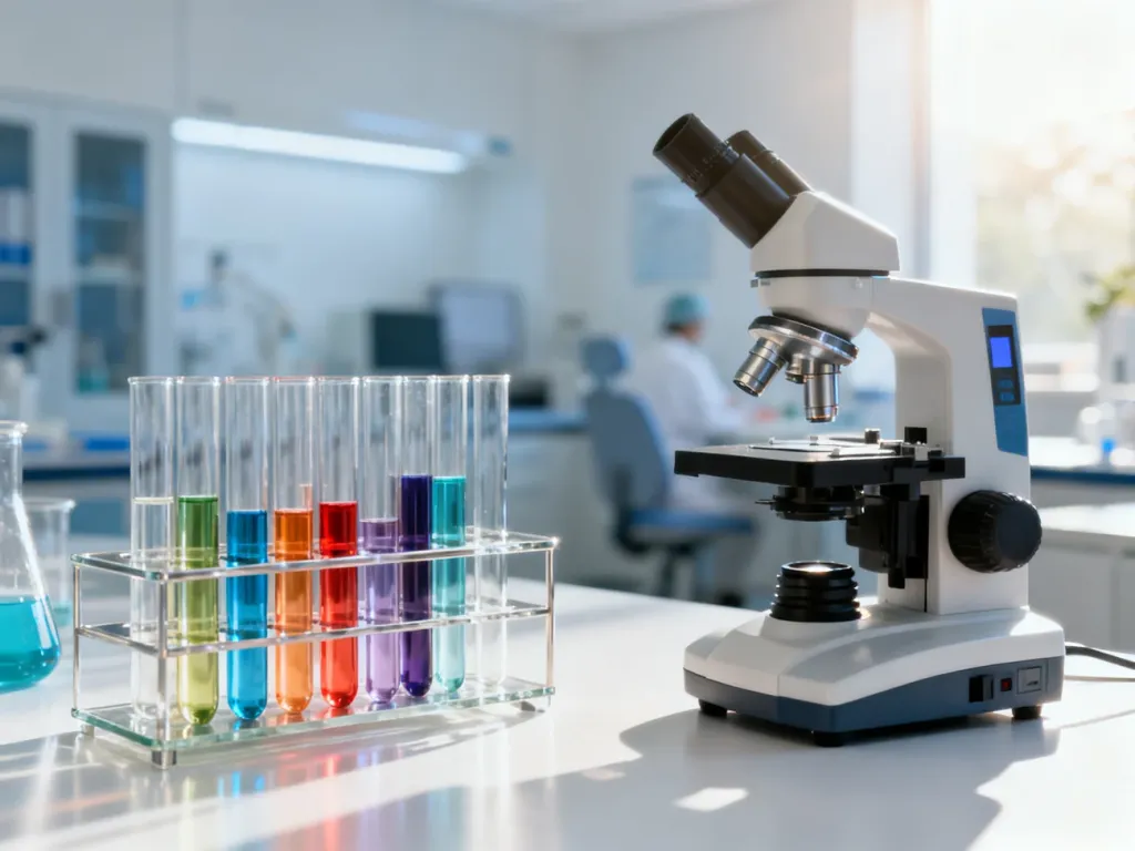 Nowoczesne laboratorium z probówkami i mikroskopem, symbolizujące profesjonalne badania diagnostyczne.