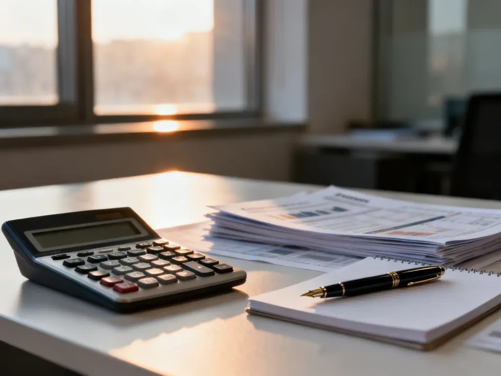 Biurko z kalkulatorem i dokumentami finansowymi, symbolizujące profesjonalne rozliczanie czasu pracy i nadgodzin.